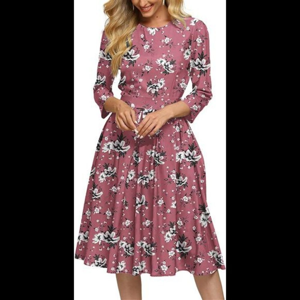 Women's Floral Vintage Dress Elegant Midi Evening Dress 3/4 Sleeves